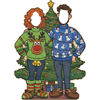 Cartoon Christmas Couple Ugly Sweater Stand In Cardboard Cutout -$0.00